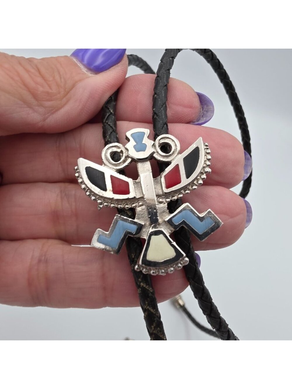 Vintage Thunderbird Inlay Bolo Tie With Black Braided Cord & Silver-Tone Tips